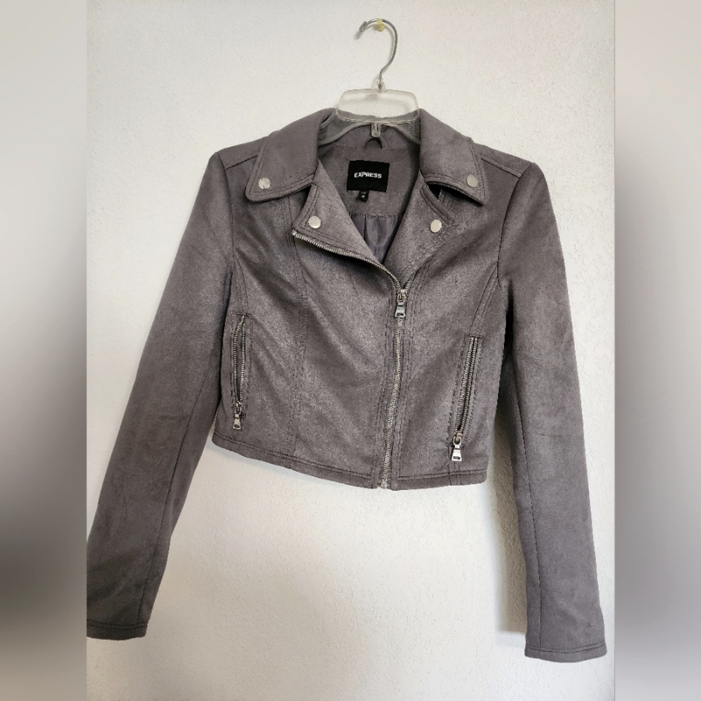 Express Heather Gray Faux Suede Moto Jacket with Zipper Pockets
